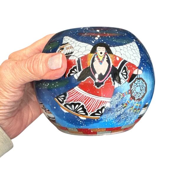 Hand Blown and Painted Glass Lawrence Vargas Native American Angel Votive Bowl - Picture 9 of 10